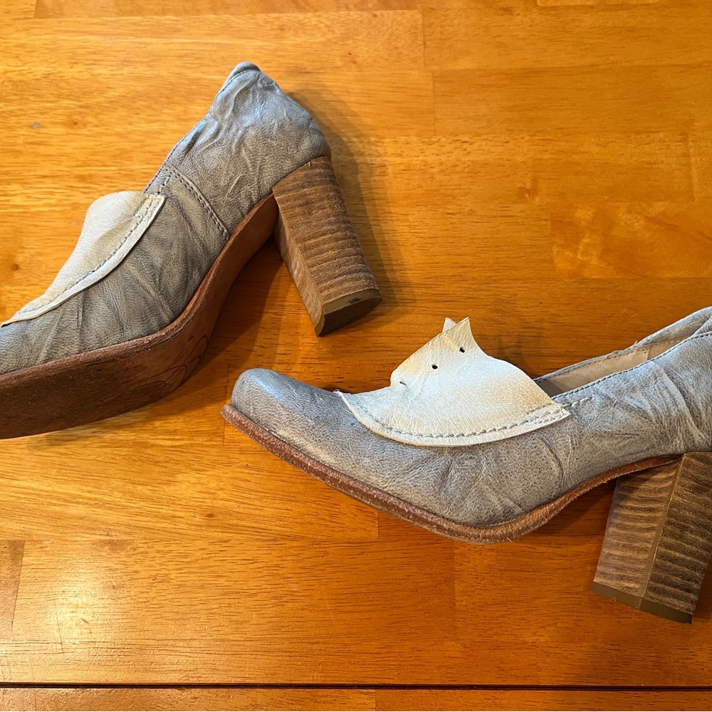 Light Grey & Cream Distressed Heels with Stacked Wooden Block Heel
